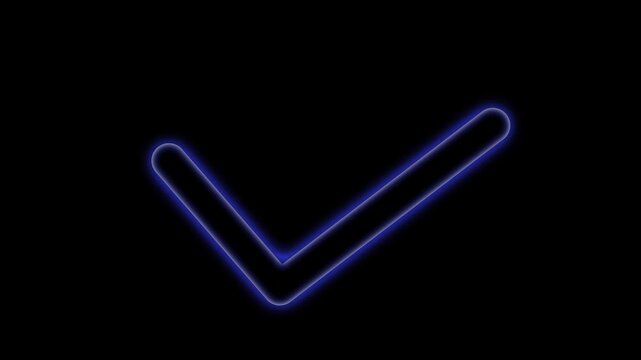 Glowing orange check mark icon with a neon light effect on a dark black background representing success and approval.4k video.