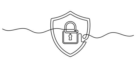 Security shield with padlock drawn in a single line art style © CreativeDesignStudio