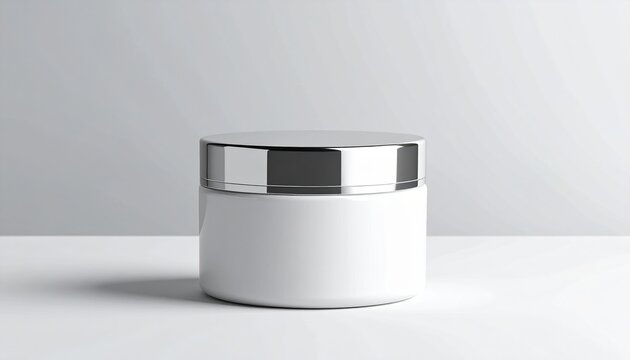 A white plastic cosmetic jar with a matte silver lid, mockup