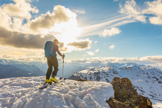 Ski enthusiast explores the Pyrenees under a bright sky