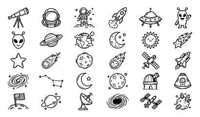 Hand drawn space doodle icon set with telescopes planets rockets astronauts aliens and celestial objects isolated on white background © Jahangir