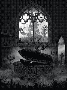 Gothic scene with a vampire lying in a coffin inside a dark cathedral
