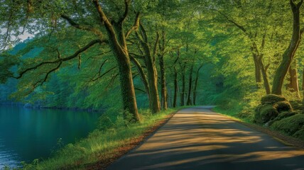 Scenic asphalt road winding through a lush green forest beside a tranquil lake © Md nur