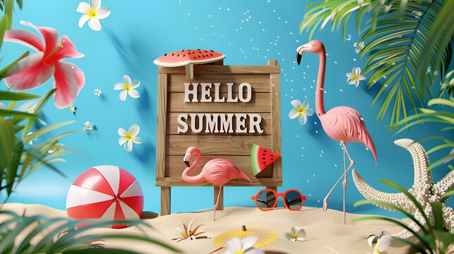 Tropical summer scene with flamingos, flowers, and hello summer sign on beach
