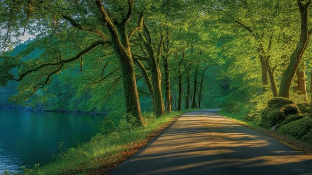 Scenic asphalt road winding through a lush green forest beside a tranquil lake