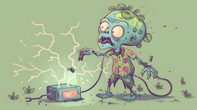 Cartoon zombie child experimenting with electricity in a surreal environment
