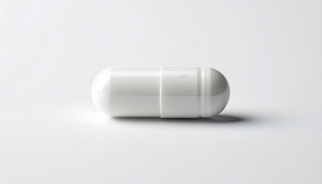 White pill capsule isolated: A minimalist clean shot of a single white medical pill capsule, isolated on a white background.