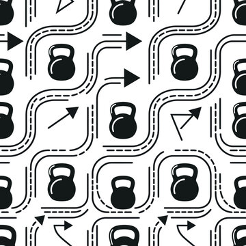 Seamless pattern with kettlebells and arrows, graphic element for fitness and sport