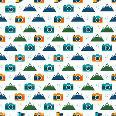 Obraz premium Seamless pattern of colorful cameras and mountains, flat graphic design