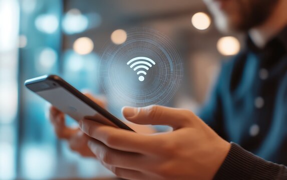 A man uses his smartphone with a wifi icon hovering above it, suggesting internet access and connection.