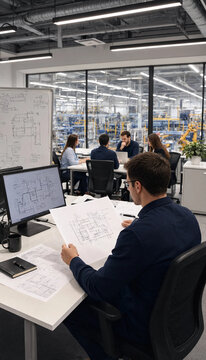 Professional architect reviewing architectural blueprints in a collaborative modern office workspace with architect blueprint planning professional engineering construction architecture