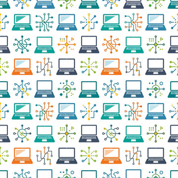 Seamless pattern of laptops and abstract network elements in a colorful flat design style