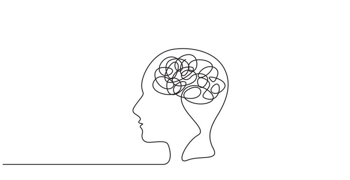 Animated self drawing of  Continuous one line drawing of question mark in human head form, Concept of confused feelings in one continuous line drawing. Human head with question mark video,4k animation
