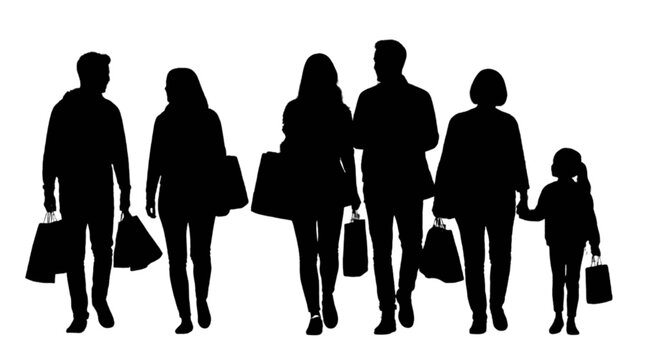 Family walking together holding shopping bags isolated on transparent background