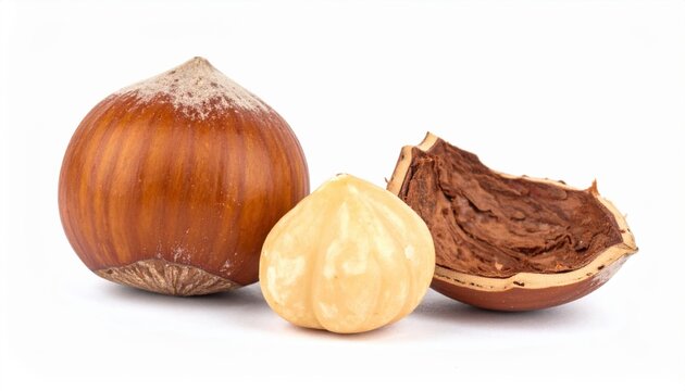 Nut filberts and kernel: A whole brown filbert nut next to a cracked shell and a fresh raw hazelnut kernel, isolated on white.