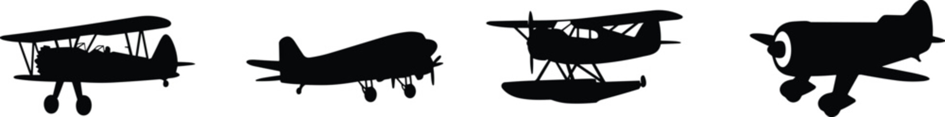 Airplane Silhouette Vector Collection Featuring Biplane, Monoplane, Seaplane, and Single‑Engine Designs © Mamota