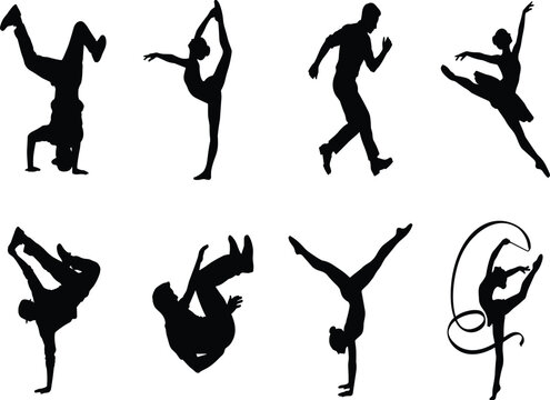 Athletic and Dance Silhouette Vector Set Featuring Gymnastics, Ballet, and Breakdance Poses