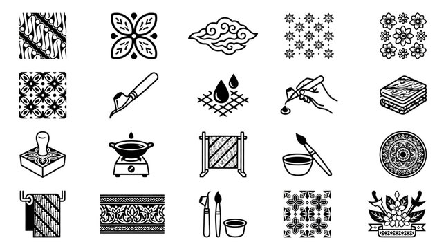 Indonesian Batik Patterns and Traditional Craftsmanship Black and White Vector Icon Set Featuring Cultural Motifs Textile Designs and Artisan Tools