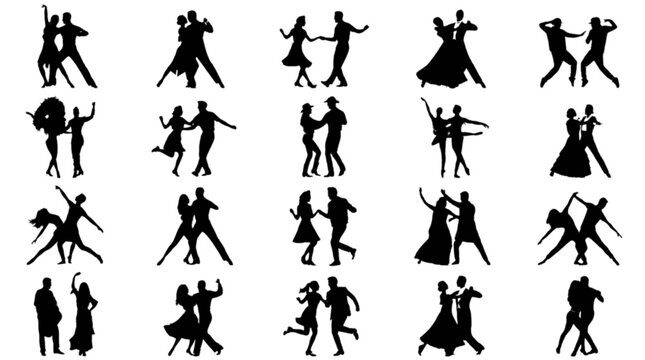Silhouette people dancing in a line with joyful poses isolated on transparent background