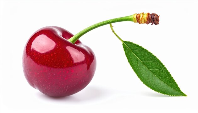 Cherry fruit design element: A single ripe cherry with a perfect green stem, designed as an isolated product element on white.