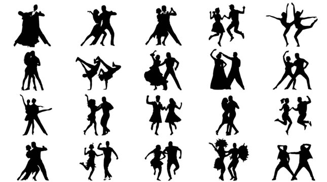 Silhouettes of people dancing in various poses isolated on transparent background