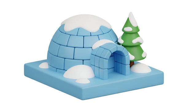 Miniature 3d render of a cute arctic igloo home with a green pine tree sitting on white background