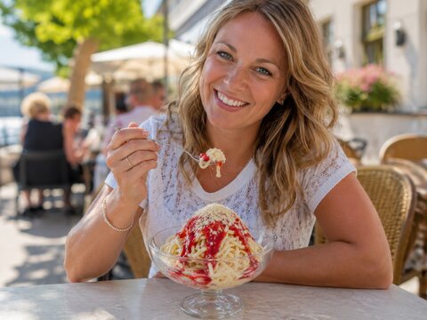 Junge Frau mit Spaghettieis im Stra&szlig;encaf&eacute; &ndash; Fr&ouml;hliches Sommerportr&auml;t einer l&auml;chelnden Frau, die einen beliebten Eisbecher in Deutschland drau&szlig;en im Eiscaf&eacute; genie&szlig;t.
