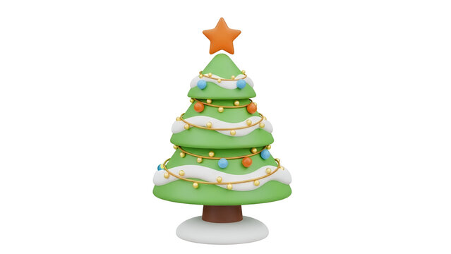 Stylized three dimensional christmas tree featuring colorful ornaments and glowing golden lights rendered in a cute cartoon style on white background