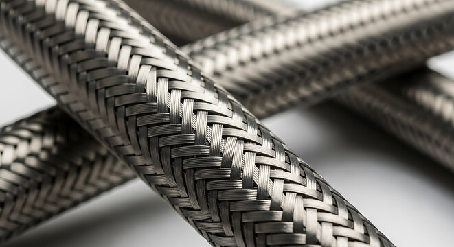 Braided stainless steel metal hoses close up for industrial use