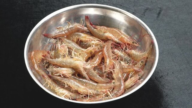 Close-up of live Vietnamese whiteleg shrimp jumping in a metal bowl, black background.