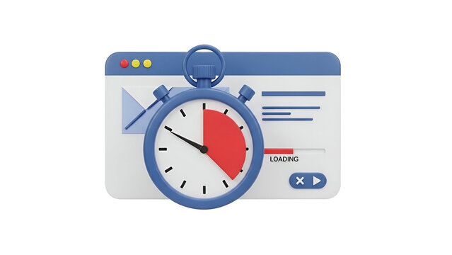 Blue 3d digital stopwatch icon hovering over a computer browser window showing a loading process and email on white background