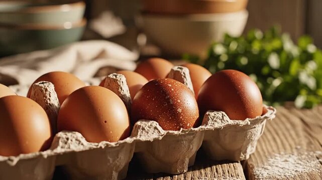 Fresh brown eggs rest in a cardboard carton on wooden table