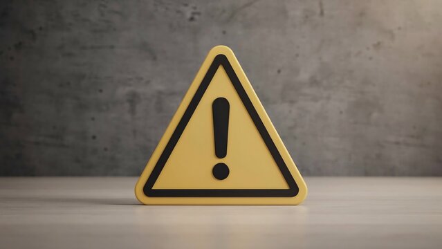 Yellow warning triangle sign with exclamation mark standing on wooden table against grey concrete wall background representing caution hazard alert attention danger safety symbol.