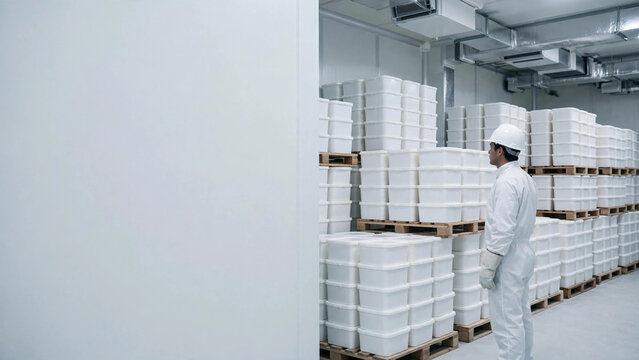 Worker in coverall uniform and safety helmet in a cold storage freezer warehouse, wide angle view, soft diffused lighting, cold chain logistics, industrial environment, commercial stock
