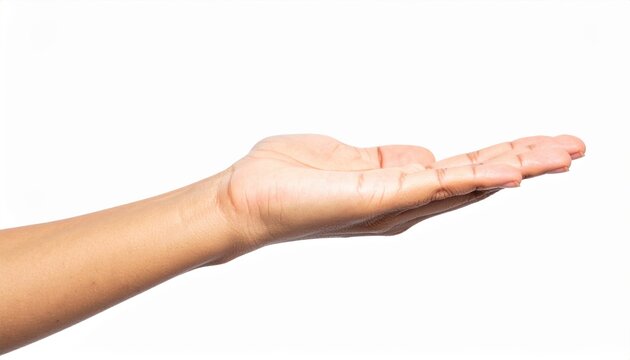 An outstretched female hand gesturing with an open, empty palm facing upward as if presenting or offering an invisible gift, isolated on white.