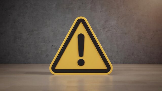 Yellow warning triangle sign with exclamation mark standing on wooden table against grey concrete wall background representing caution hazard alert attention danger safety symbol.