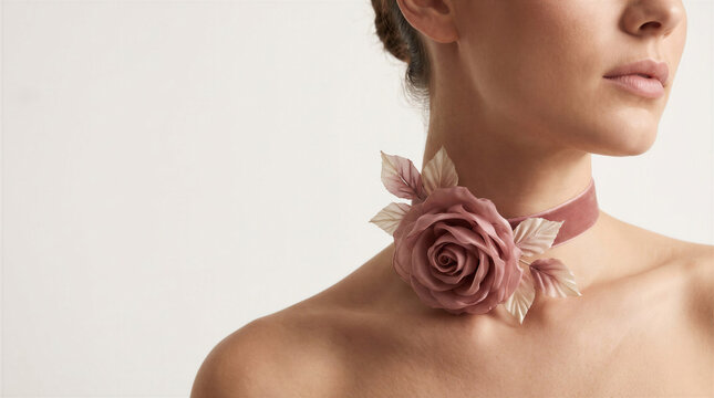Close up of elegant vintage floral choker necklace with dusty pink rose fabric flower on woman neck, shabby chic accessory