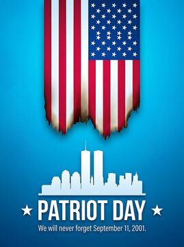 Patriot Day memorial with American flag and skyline. Tribute to September 11 2001 with national remembrance graphic.
