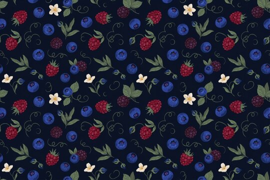 Repeating pattern of mixed forest berries including blueberries, raspberries, and blackberries with green leaves on a dark blue background surface