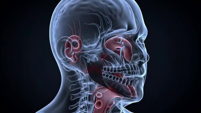 3D Digital Illustration Of Senior Head And Neck ENT Scan With Transparent Effect Against Dark Background