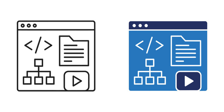 Web development interface with code symbols and flowchart during digital learning concept on white background
