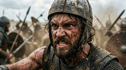 Fototapeta premium Fierce Warrior's Rage: A close-up of a battle-hardened warrior, face contorted in a primal scream, eyes blazing with fury amidst a chaotic battlefield.