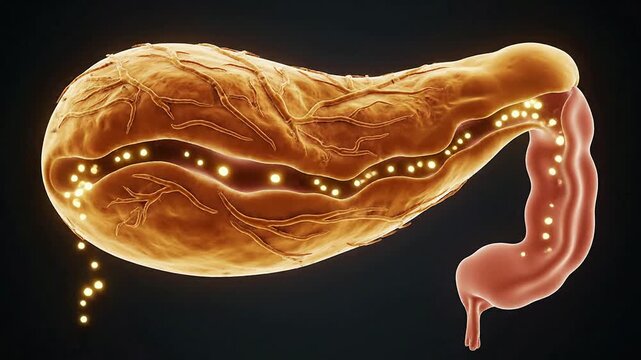 3D Rendering of Pancreas Anatomy Highlighting Chronic Pancreatitis Concept with Glowing Details on a Dark Background