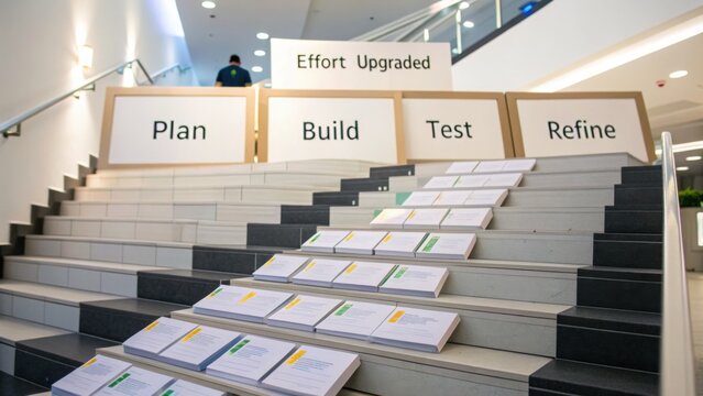 Effort Upgraded: Visual Representation of Project Management Steps on Modern Stairs with Papers and Informational Signs