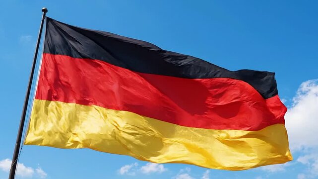 Flag of germany waving in the wind against a clear blue sky