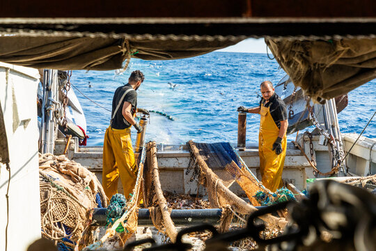 Commercial fishermen hauling trawl net on open sea boat