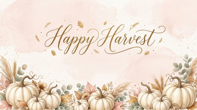 Elegant thanksgiving background with pumpkins fall leaves and 'happy harvest' calligraphy