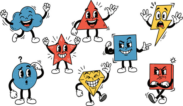Funny Geometric Shape Cartoon Character Collection with Expressive Cloud, Triangle, Lightning Bolt, Star, Square, Circle, and Diamond Retro Mascots