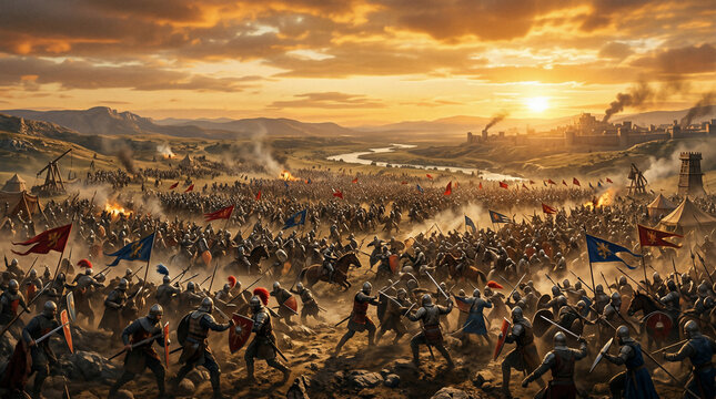 Epic Medieval Battle: A vast army clashes on a dusty plain beneath a dramatic sunset, with banners flying, swords drawn, and smoke rising from distant siege engines.