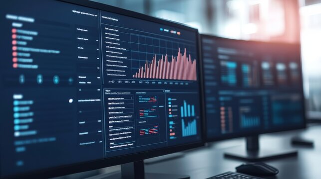 Close-up of monitors displaying complex financial data charts and analytical dashboards, shallow depth of field, sleek office environment, Data Analytics, Fintech